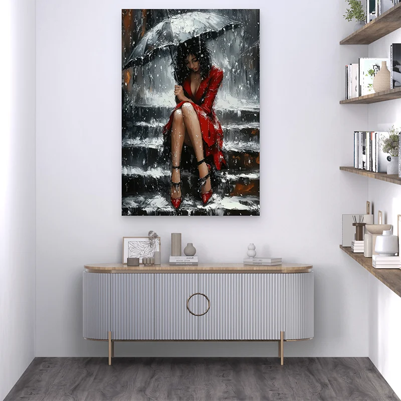 Décoration murale moderne scène mélancolique femme pluie