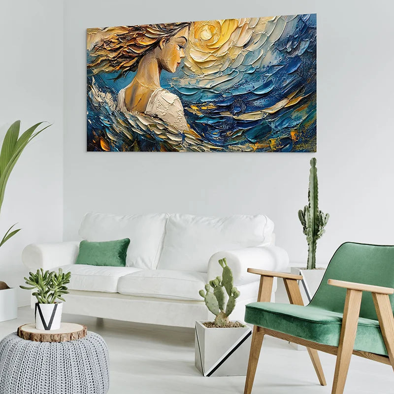 Impression sur toile moderne style peinture au couteau femme au vent