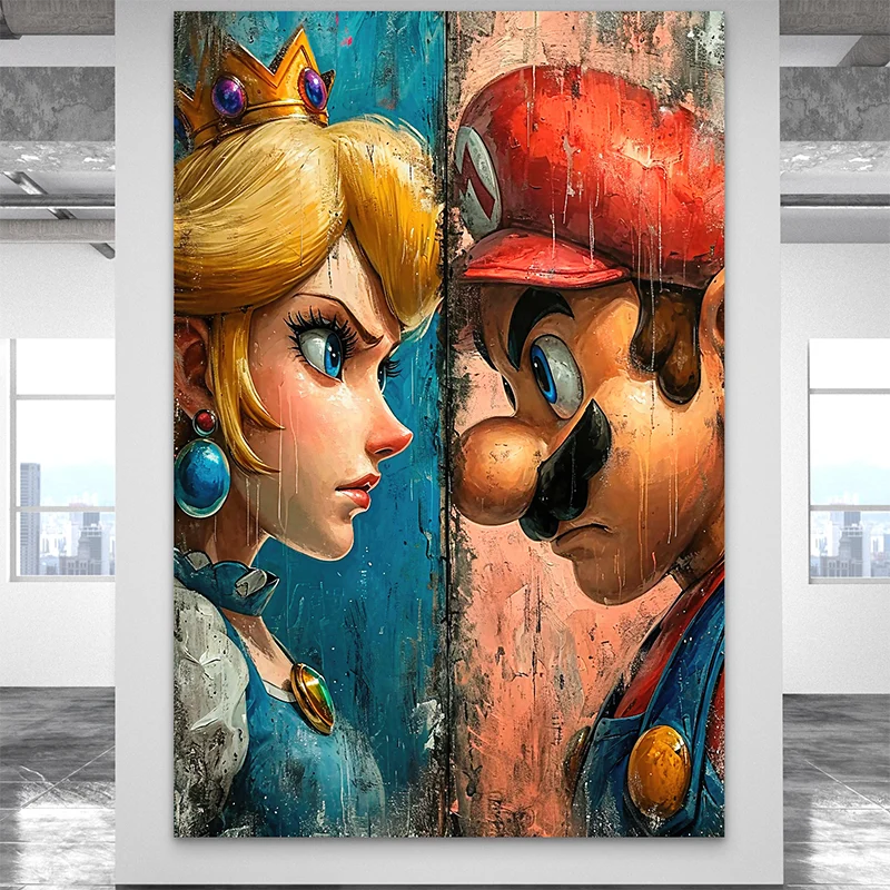 Mario et Peach en duel sur tableau vertical design