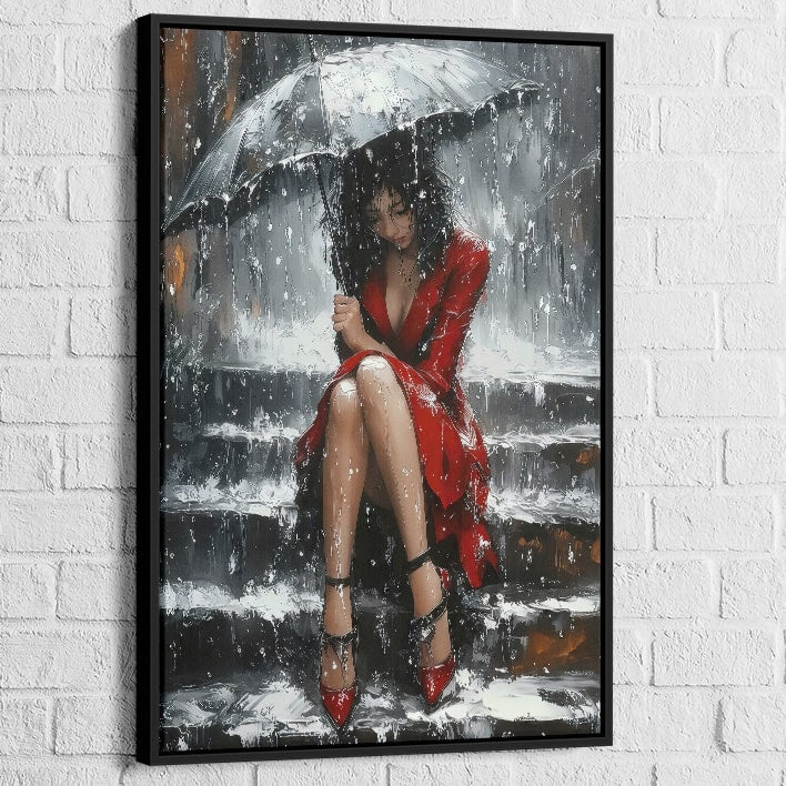 Portrait stylisé féminin sous l’orage avec robe rouge vif