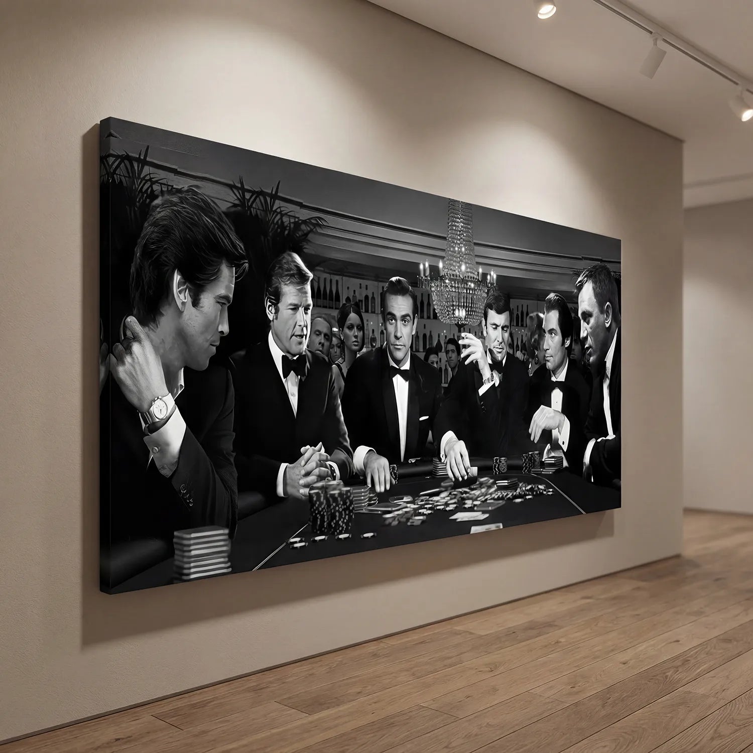 Tableau James Bond – La Partie sur toile noir et blanc, installé dans un salon moderne