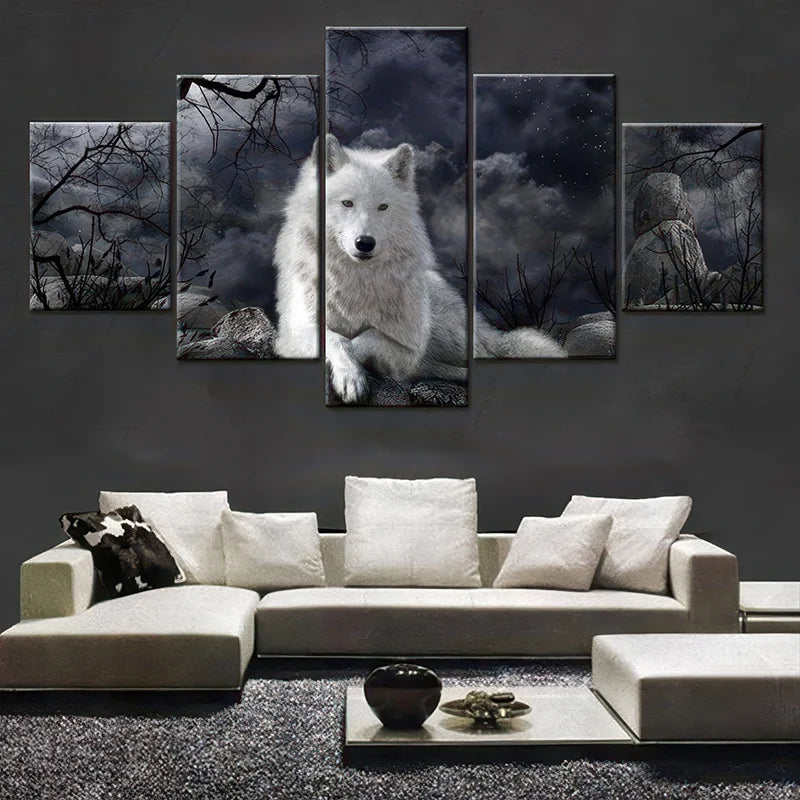 Tableau Loup Blanc 5 Panneaux