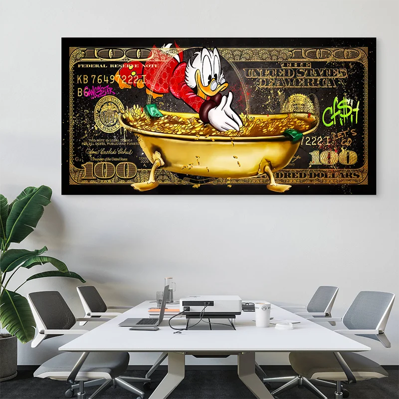 Tableau Street Art Picsou Empire dans une baignoire d’or sur fond de billet
