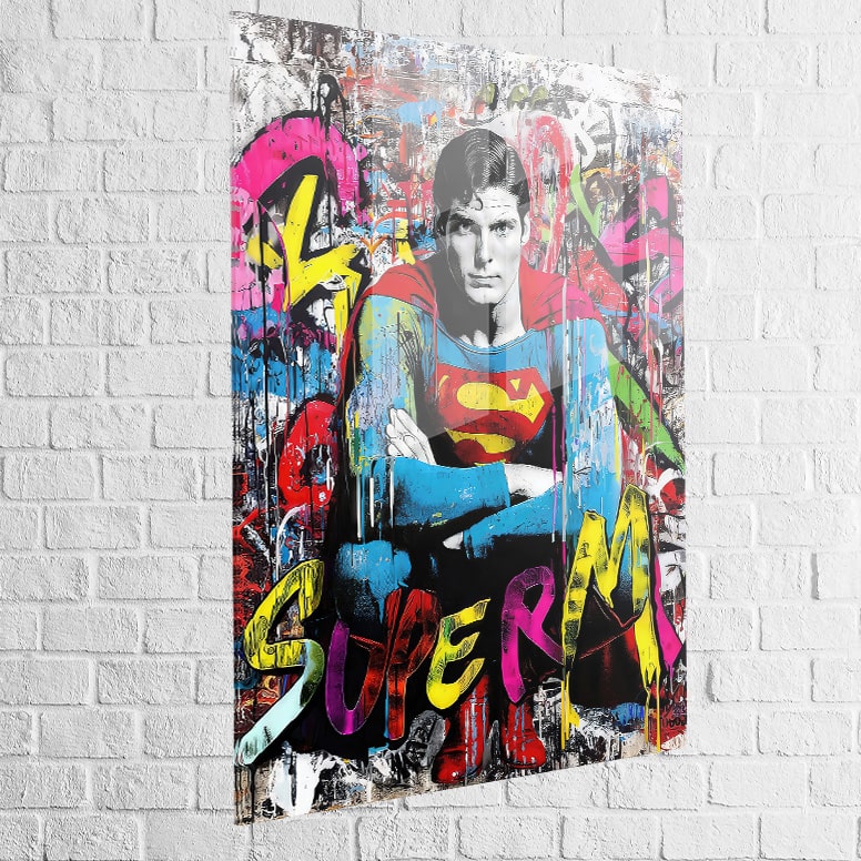 Tableau Superman Pop Graffiti en plexiglas, brillance moderne
