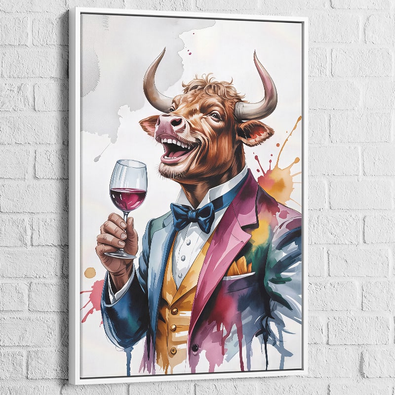 Tableau Taureau Dandy cadre blanc – décoration murale lumineuse