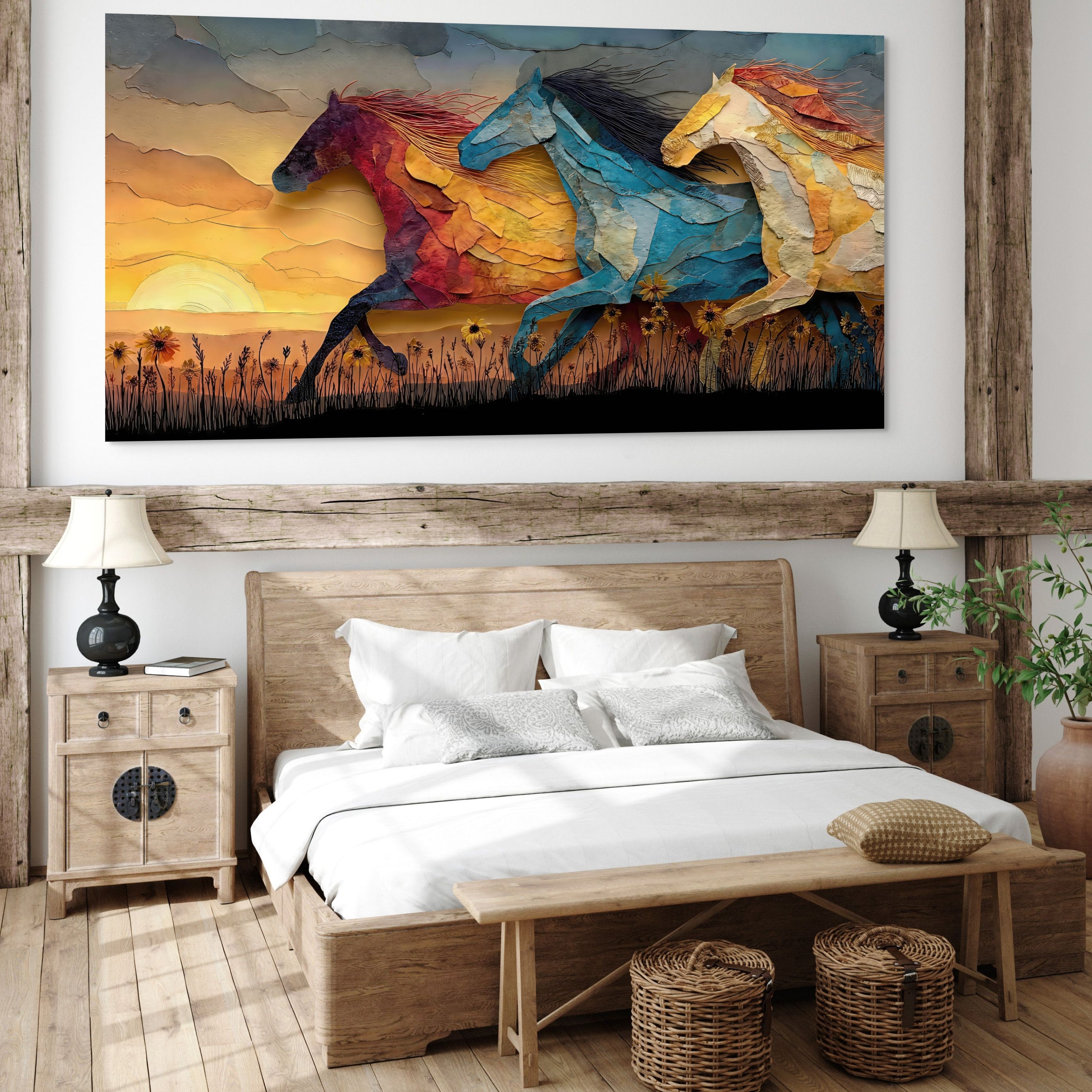 Tableau chevaux artistiques couleurs chaudes ambiance nature et liberté