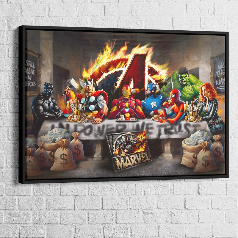 Tableau contemporain Avengers avec repas McDonald's et champagne
