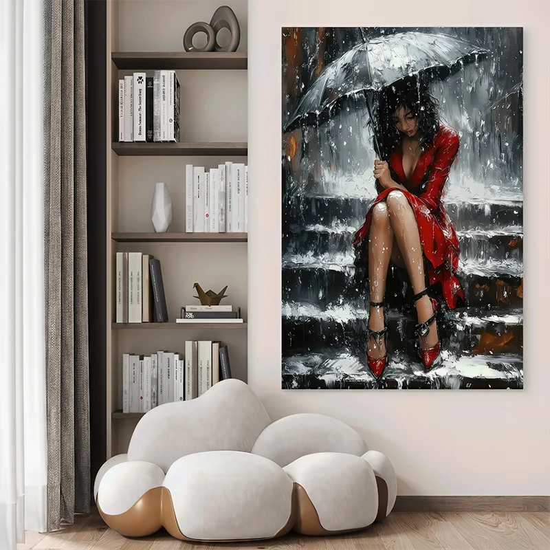 Tableau contemporain femme sous parapluie sur des marches