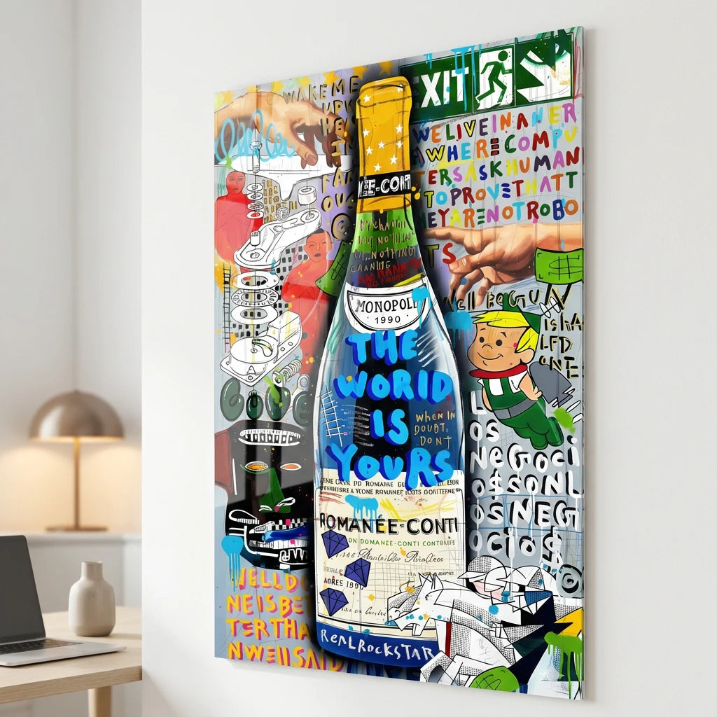 Tableau déco cave à vin, art mural moderne autour d’une bouteille grand cru