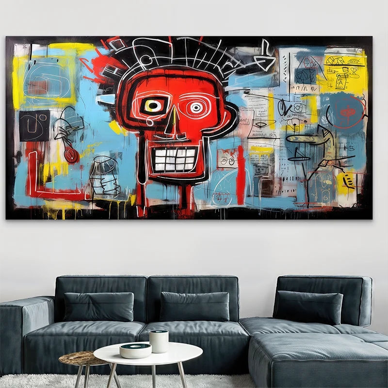 Tableau déco inspiré par Basquiat avec un crâne rouge sur fond urbain