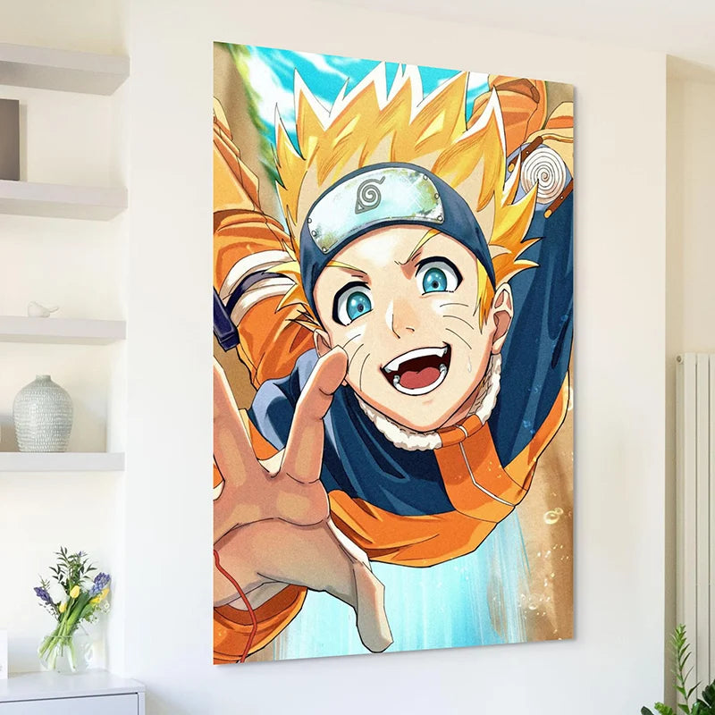 Tableau mural Naruto Uzumaki en plein saut et sourire éclatant