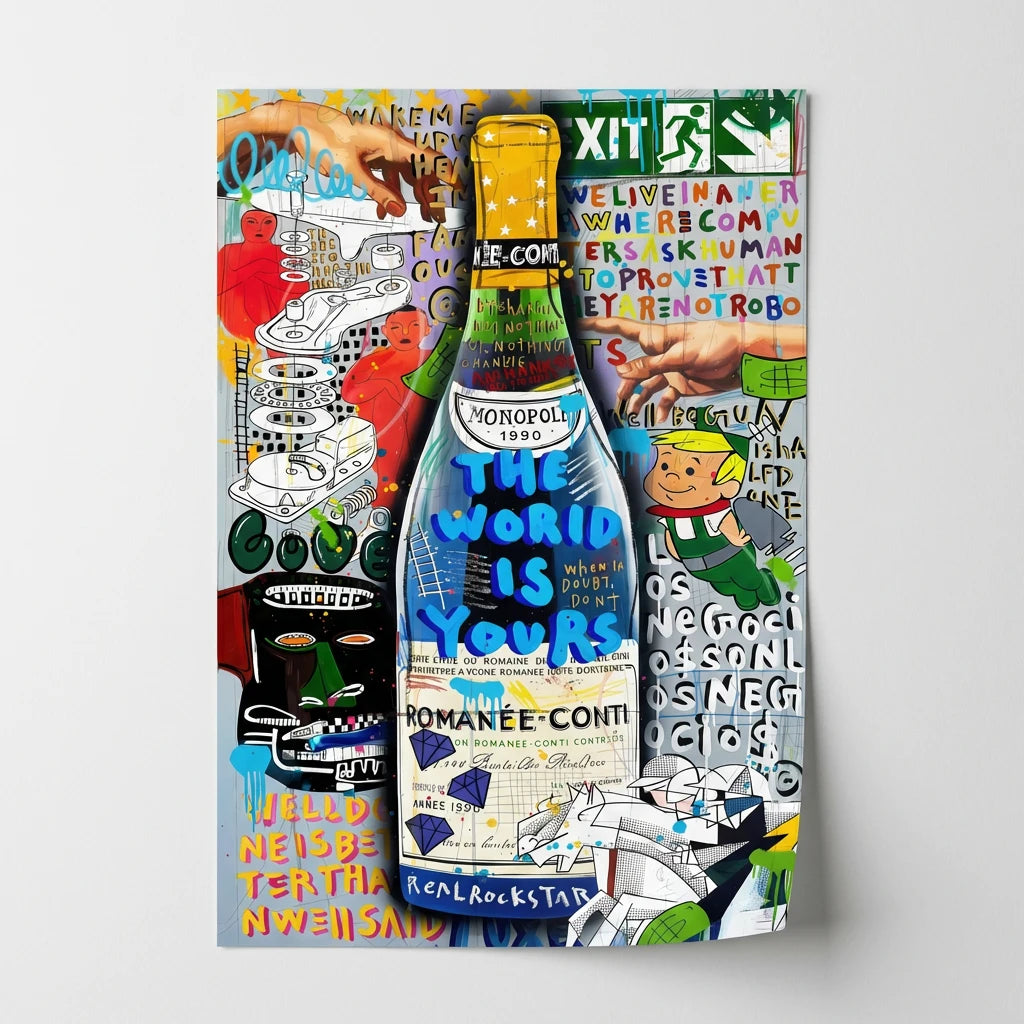 Tableau pop art bouteille Romanée-Conti, style urbain tendance