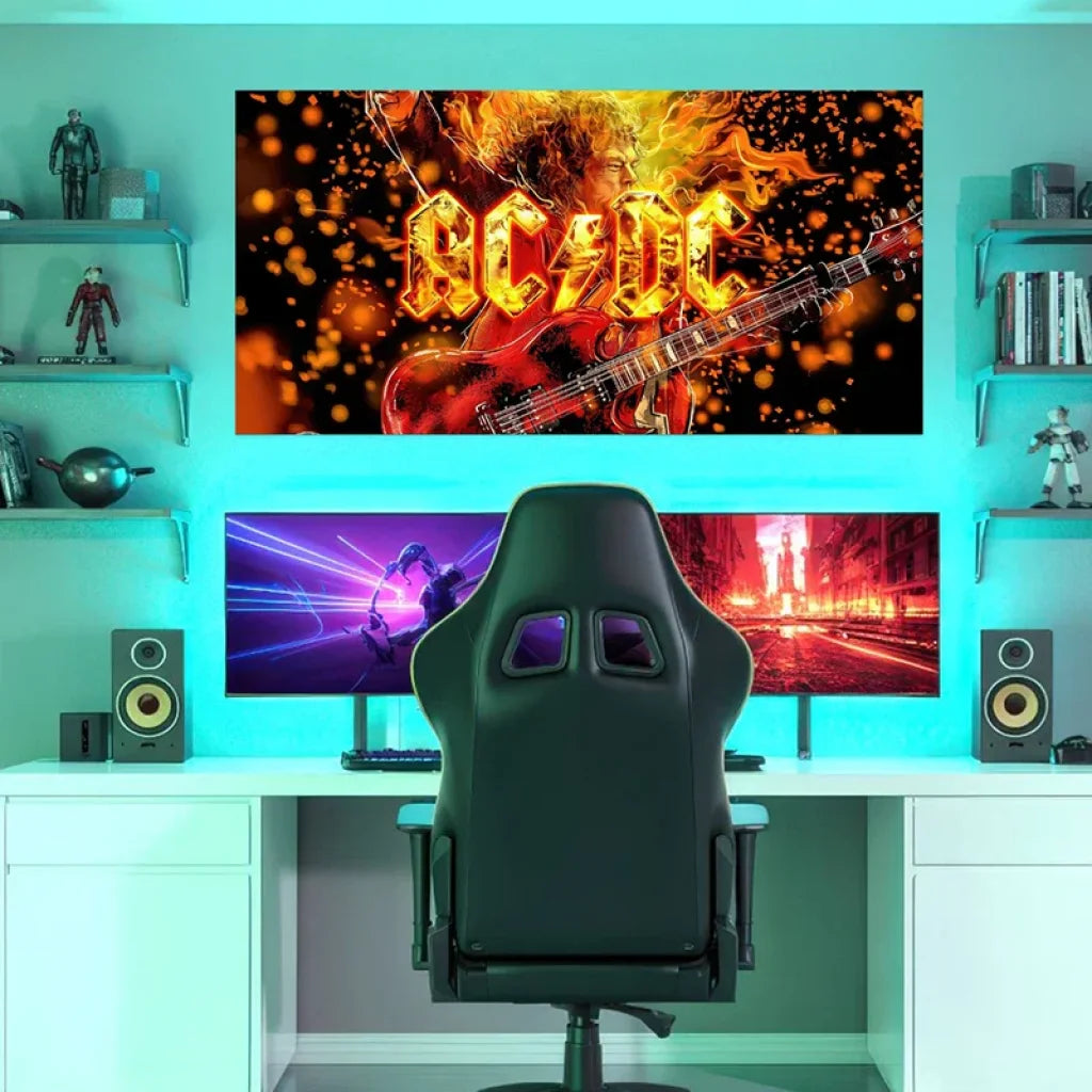 Tableau rock metal, logo ACDC lumineux et éclats de feu