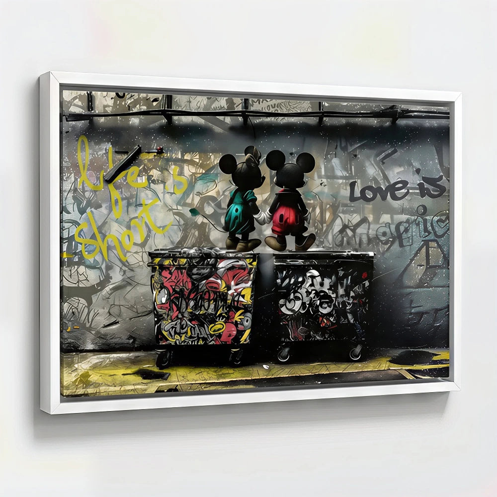 Tableau street art Mickey cadre flottant blanc