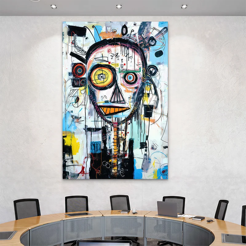Toile imprimée Basquiat L’Art de la Folie accrochée au-dessus d’un canapé contemporain