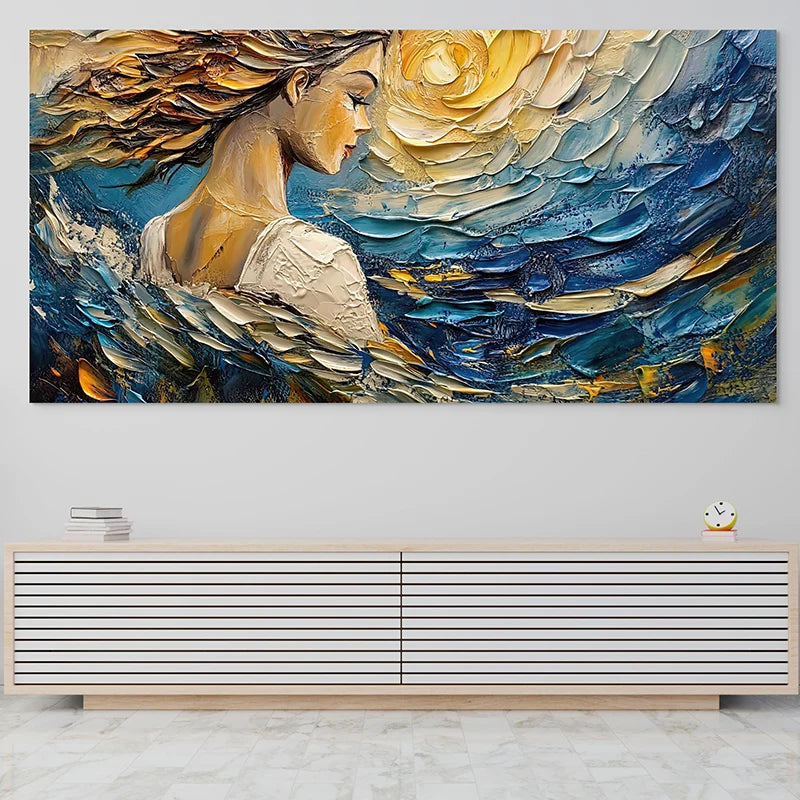 Toile imprimée contemporaine décorative femme de profil cheveux au vent