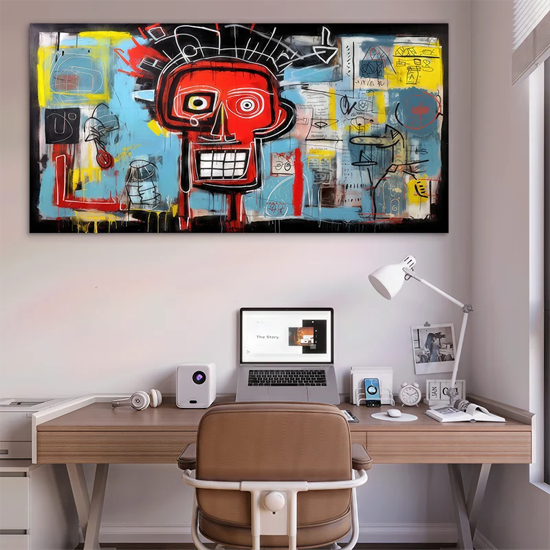 Toile imprimée style street art avec couleurs vives et symboles abstraits