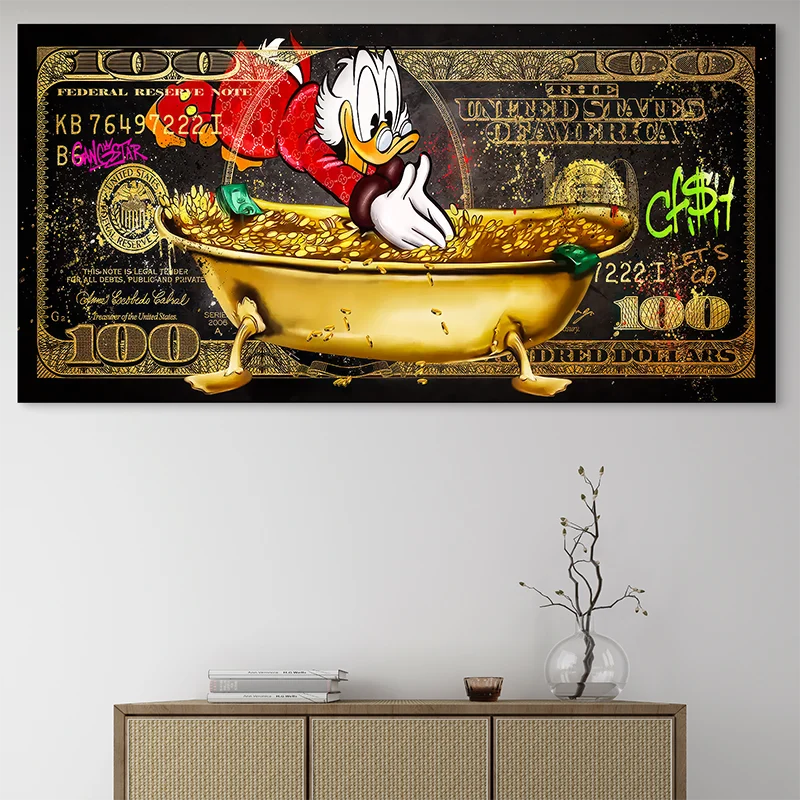 Toile pop art Picsou luxe et argent sur fond de 100 dollars graffiti