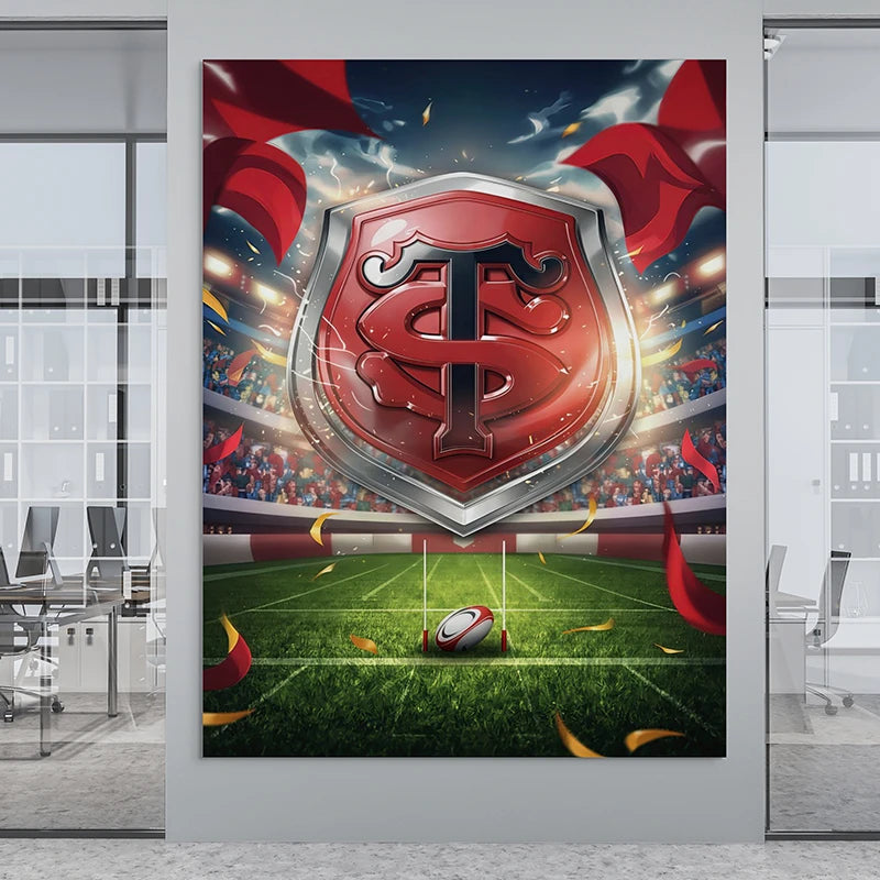 Toile rugby Stade Toulousain, poteaux et ballon sur pelouse