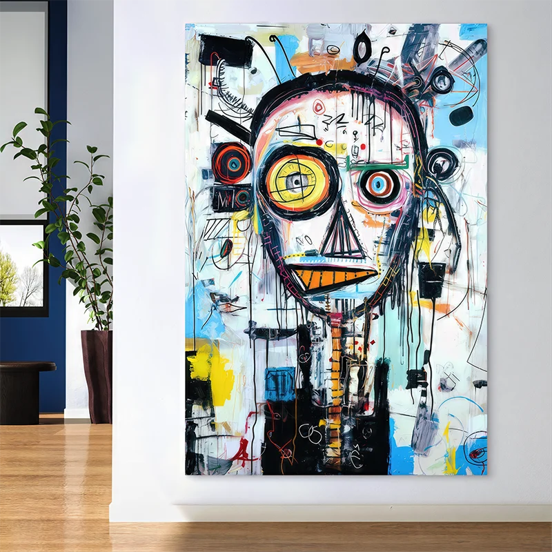 Zoom sur les détails graphiques et couleurs vives du tableau Basquiat L’Art de la Folie