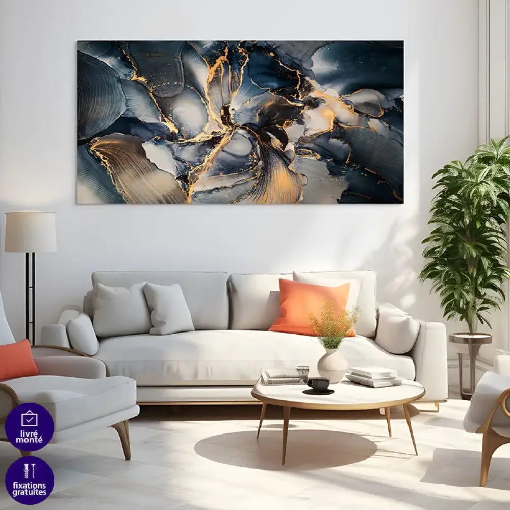 Grand format XXL tableau abstrait bleu or pour salon moderne