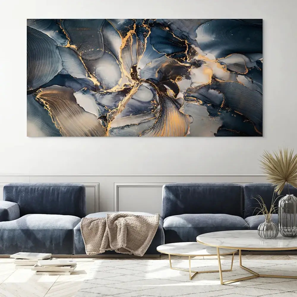 Tableau art contemporain marbrures bleues et éclats d’or