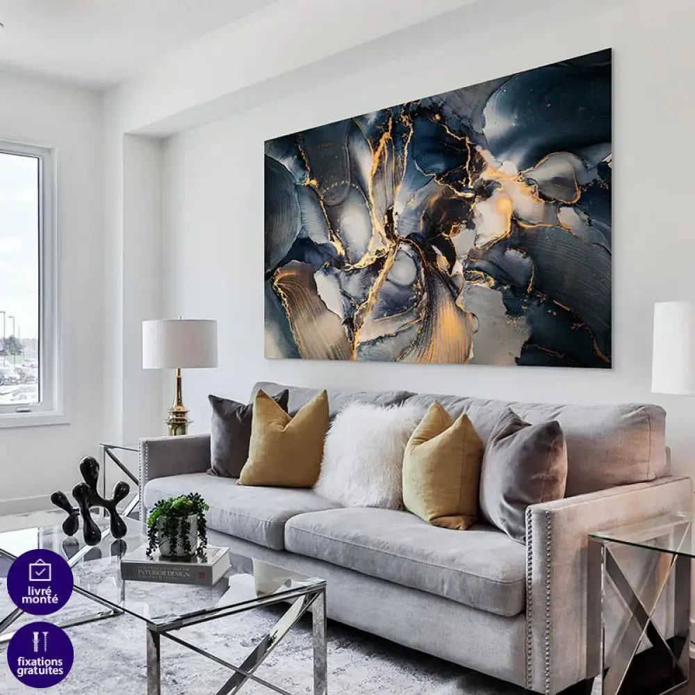 Tableau abstrait bleu et or effet marbre océanique