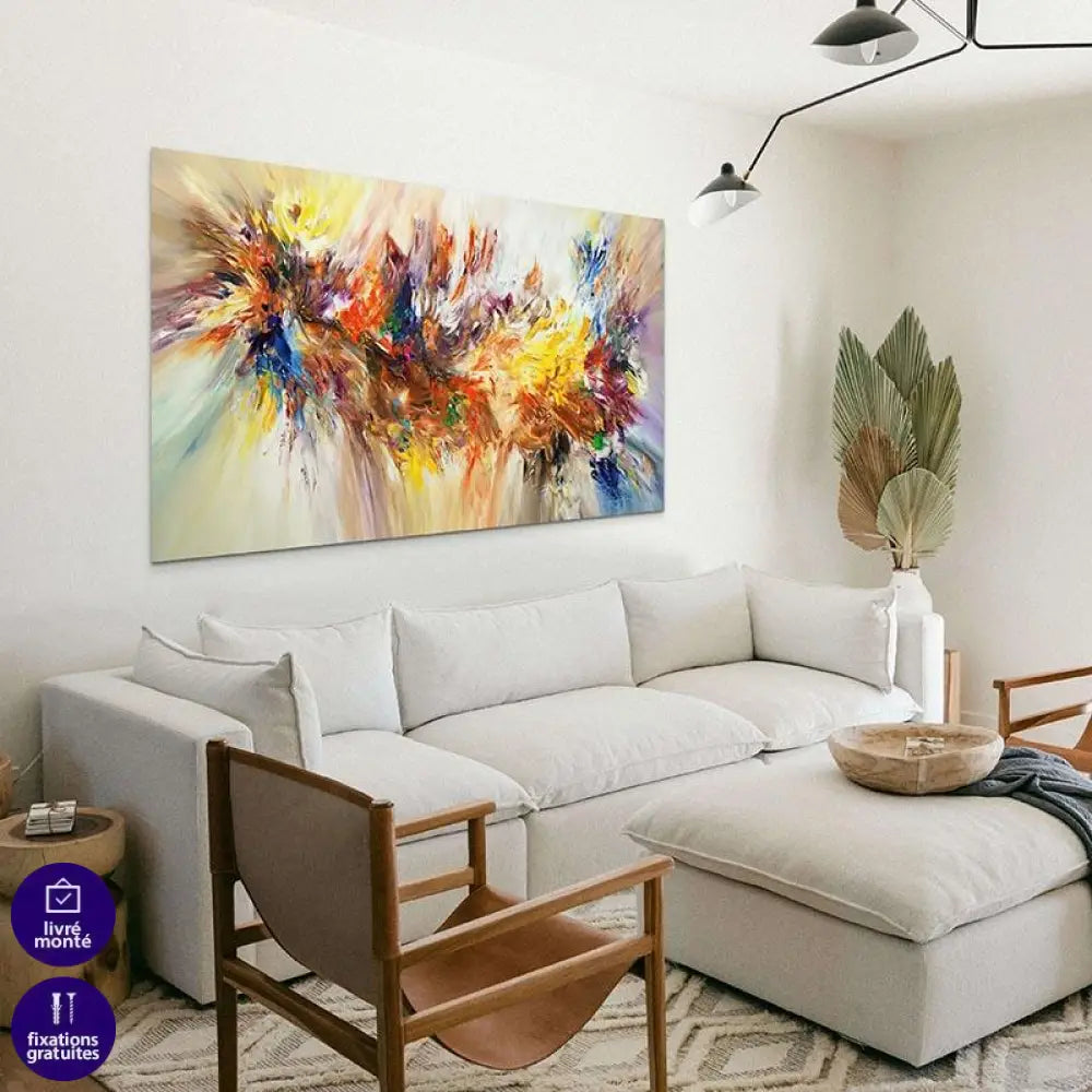 Art abstrait mural – éclats jaune rouge bleu sur fond clair