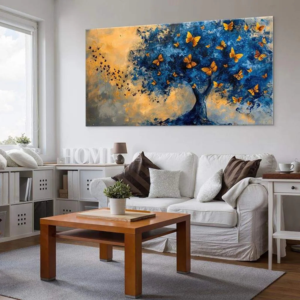 Tableau Arbre Bleu et Papillon 40x80cm / Toile tendue sur châssis Tableau Arbre