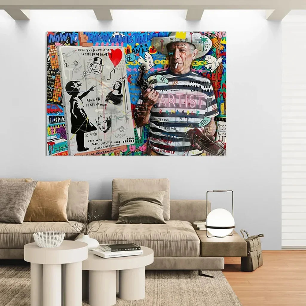 Toile contemporaine avec portrait d’artiste et graffiti coloré
