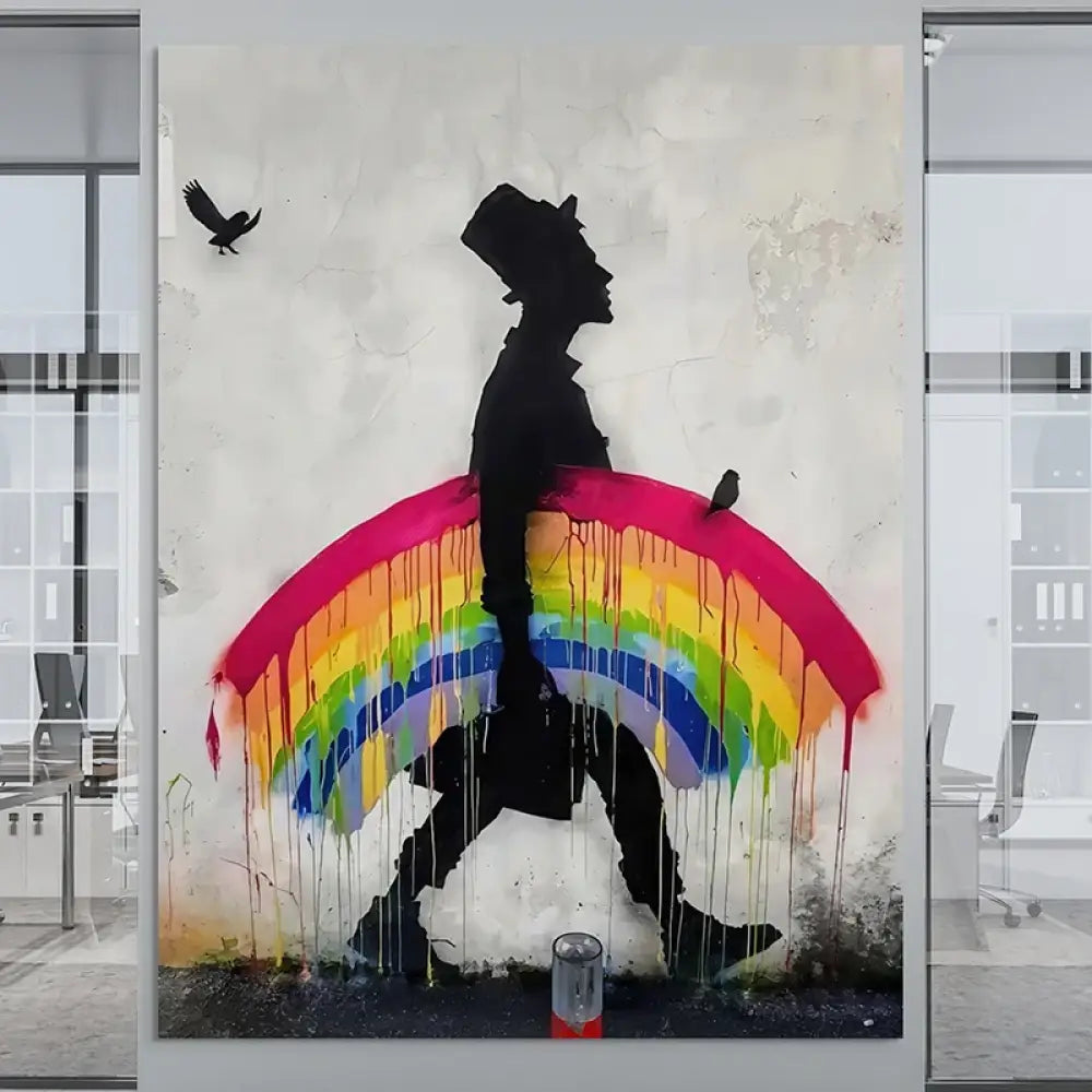 Tableau Banksy – Marcheur à l’Arc-en-Ciel, style graffiti/pochoir
