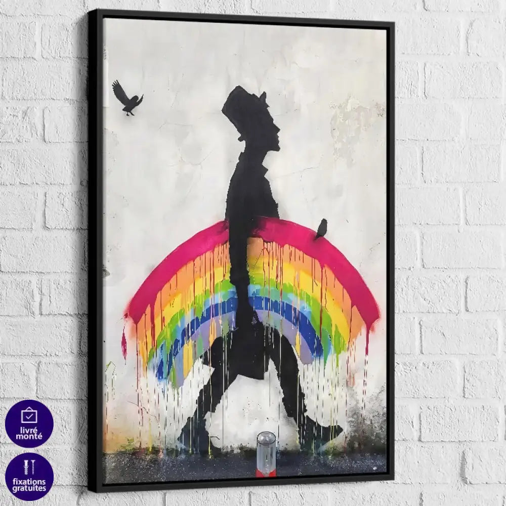 Tableau Banksy – Marcheur à l’Arc-en-Ciel, cadre noir