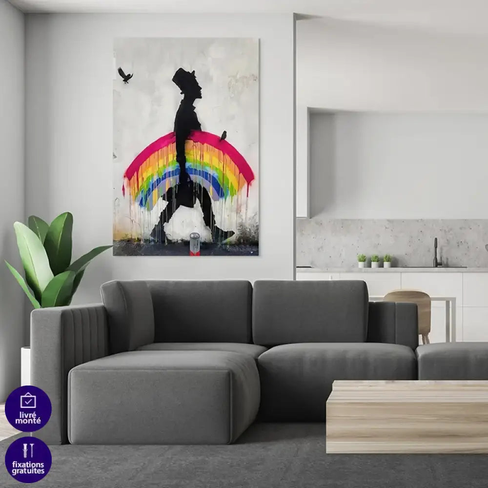 Tableau Banksy – silhouette noire et arc-en-ciel qui dégouline