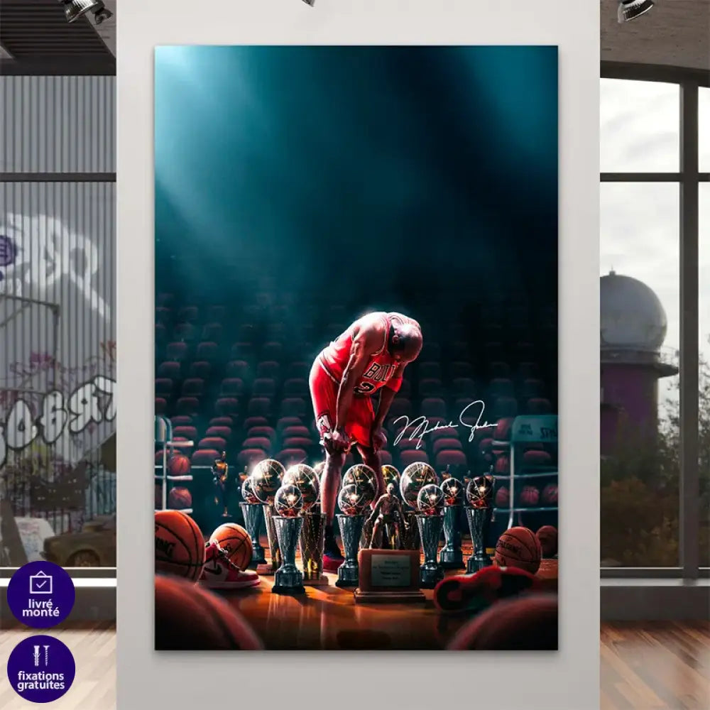 Tableau Michael Jordan avec ses trophées NBA sur fond sombre