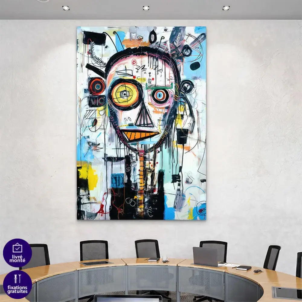 Toile imprimée Basquiat L’Art de la Folie accrochée au-dessus d’un canapé contemporain