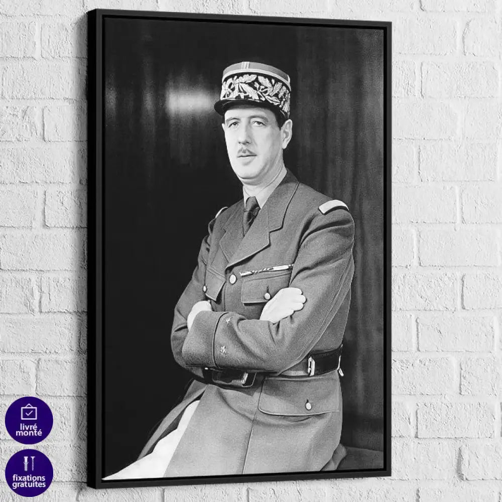 Tableau Charles de Gaulle 40x60cm / Cadre Noir Tableau vintage