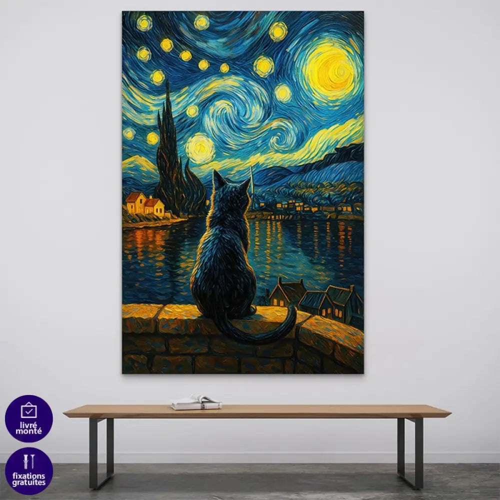 Tableau décoration murale représentant un chat noir devant un ciel étoilé inspiré de Van Gogh