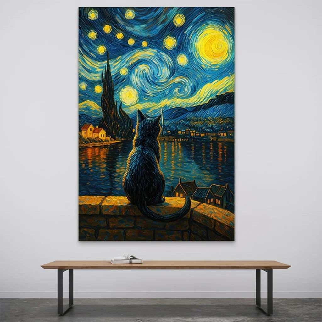 Tableau décoration murale représentant un chat noir devant un ciel étoilé inspiré de Van Gogh