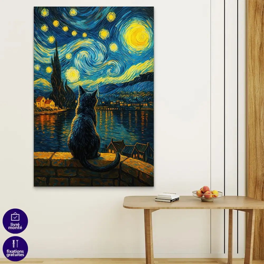 Décoration murale avec un tableau chat rêveur face à une nuit étoilée colorée