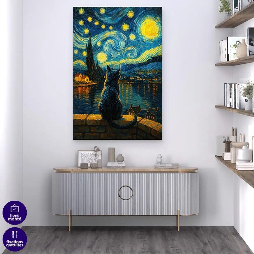 Magnifique tableau déco d’un chat contemplant un ciel étoilé dans un style Van Gogh