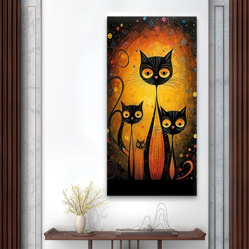 Tableau déco chats noirs stylisés devant un fond lumineux orange avec fleurs colorées - Les Gardiens de la Nuit