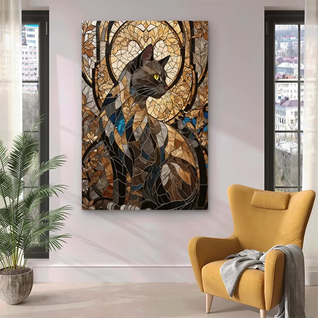 Chat noir et or en vitrail contemporain artistique
