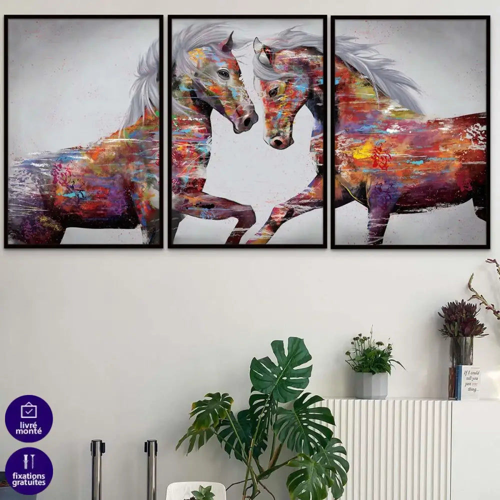 Tableau Cheval Coloré 3 Parties - Montableaudeco