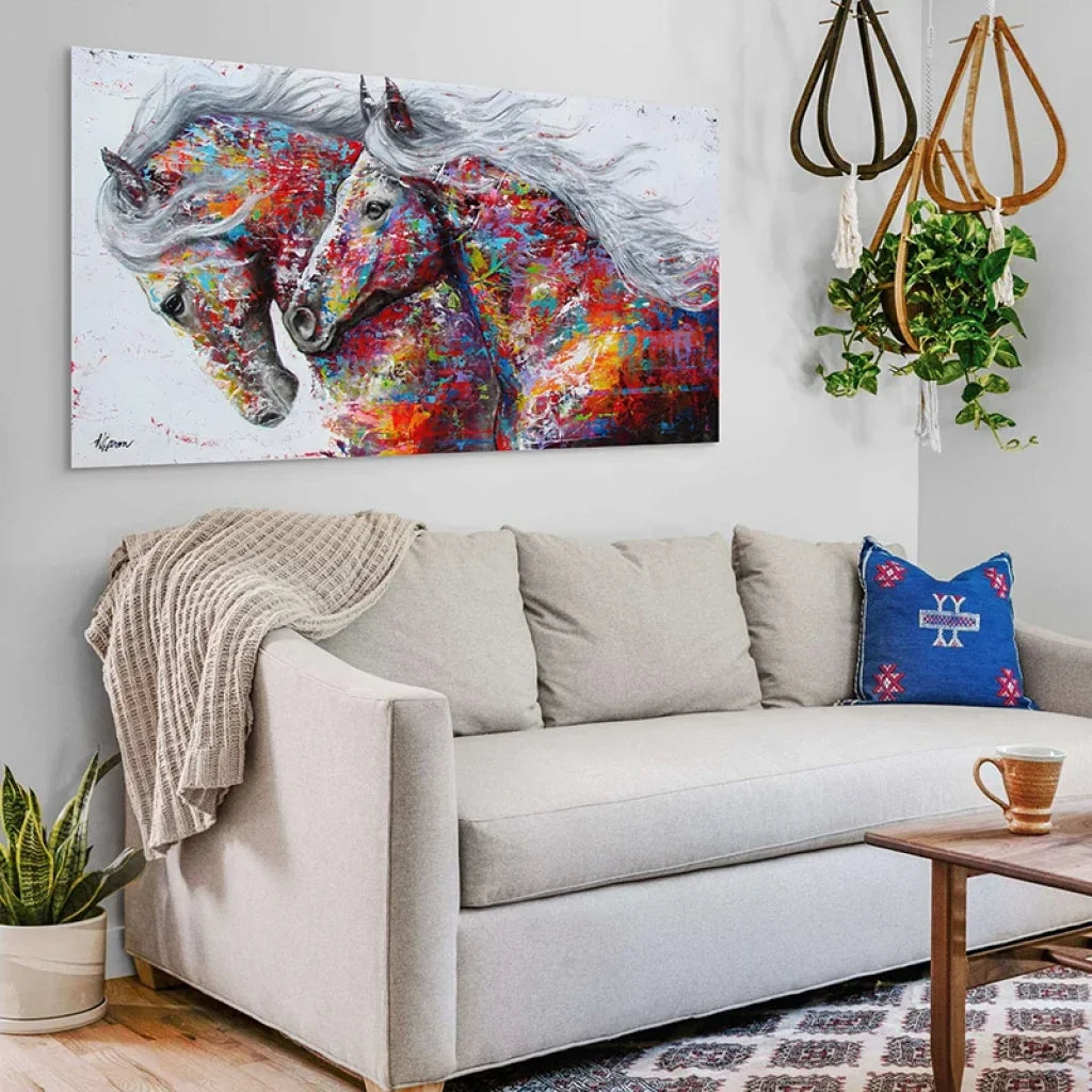 tableau chevaux colorés pour salon contemporain