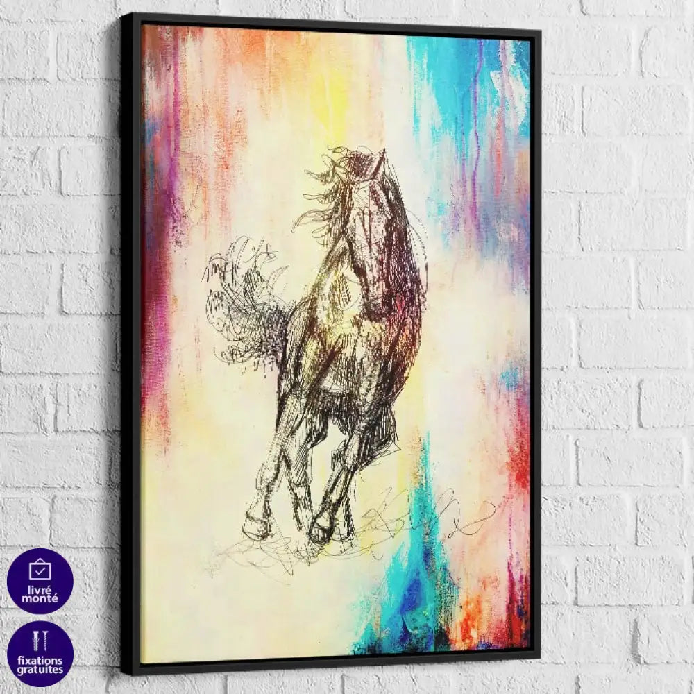 Reproduction tableau cheval moderne sur cadre flottant noir ou blanc