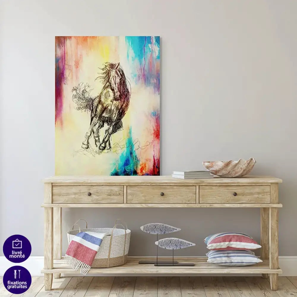 Toile artistique cheval contemporain couleurs vives rouge bleu jaune