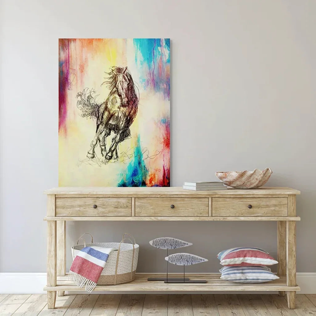 Toile artistique cheval contemporain couleurs vives rouge bleu jaune