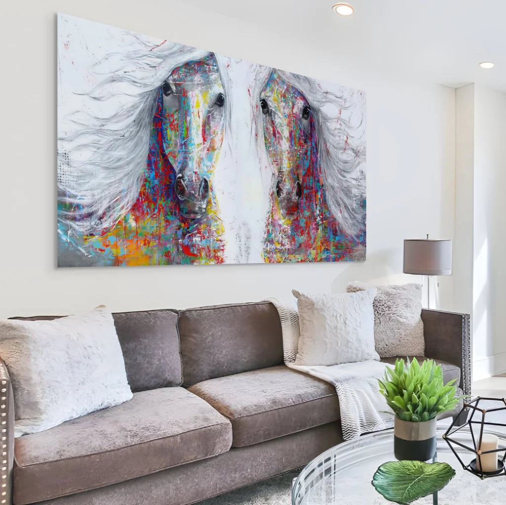 art mural deux chevaux multicolores grand format