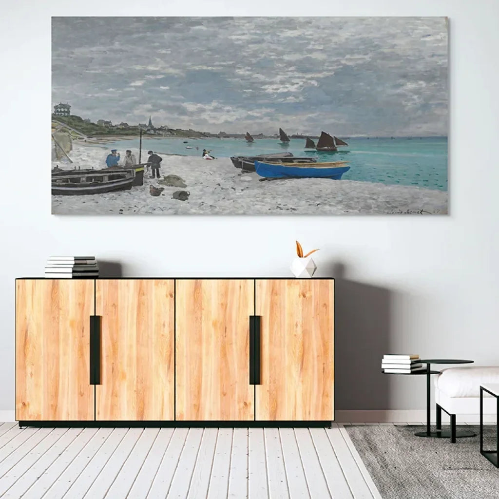 Décoration murale impressionniste Monet plage normande avec bateaux