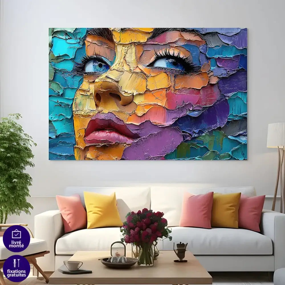 Tableau contemporain Éclats d’Émotion, portrait abstrait multicolore texturé